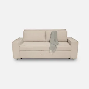 sofá cama tipo carrito Enzo 2 puestos tapizado en tela color marfil y patas metálicas, con manta gris decorativa visto de frente. All Star muebles