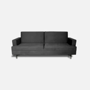 sofá cama tipo clic clac Fore tapizado en tela color negro con patas metálicas negras visto de frente