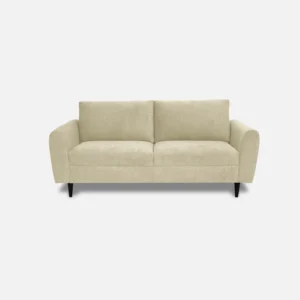 sofá Numa 3 puestos tapizado en tela beige con patas cónicas en madera tono negro visto de frente